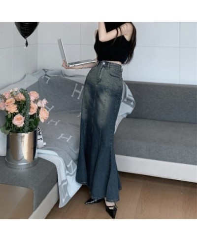 DEEPTOWN Vintage Denim Mermid Skirt Women Korean Style High Waist Distressed Ruffles Bodycon Pencil Long Skirt Fashion Girl $...