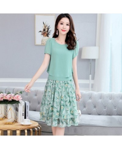 New Summer Women Office Two Piece Sets Casual Short Sleeve T Shirt and Floral Chiffon Midi Skirt Female Skirts Suit 4XL E66 $...