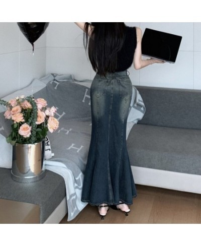 DEEPTOWN Vintage Denim Mermid Skirt Women Korean Style High Waist Distressed Ruffles Bodycon Pencil Long Skirt Fashion Girl $...