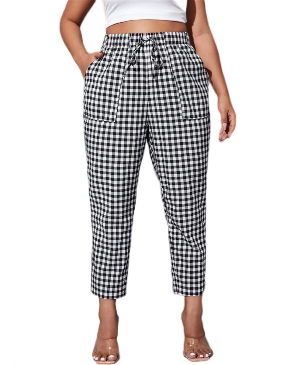 Plus Size Elagant Summer Spring Casual Gingham Print Elastic Waist Pants Women Ankle Length Straight Pants Large Size 7XL 8XL...