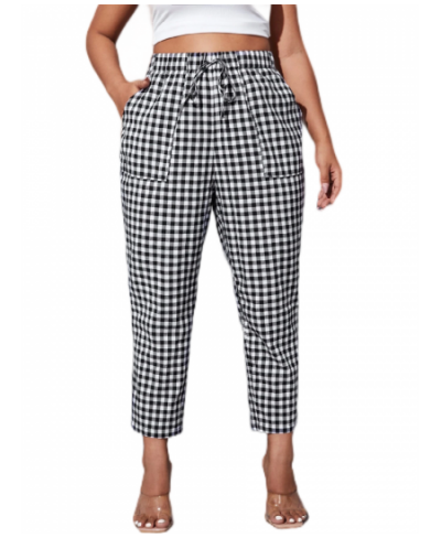 Plus Size Elagant Summer Spring Casual Gingham Print Elastic Waist Pants Women Ankle Length Straight Pants Large Size 7XL 8XL...