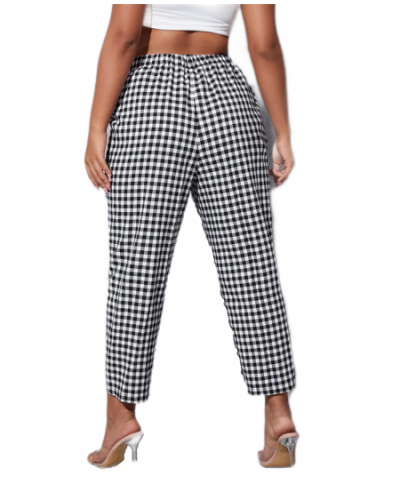 Plus Size Elagant Summer Spring Casual Gingham Print Elastic Waist Pants Women Ankle Length Straight Pants Large Size 7XL 8XL...