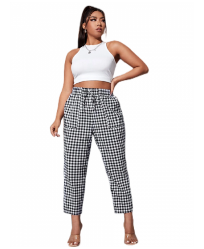 Plus Size Elagant Summer Spring Casual Gingham Print Elastic Waist Pants Women Ankle Length Straight Pants Large Size 7XL 8XL...