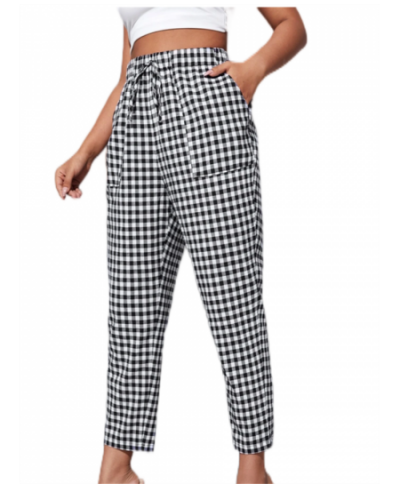 Plus Size Elagant Summer Spring Casual Gingham Print Elastic Waist Pants Women Ankle Length Straight Pants Large Size 7XL 8XL...