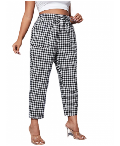 Plus Size Elagant Summer Spring Casual Gingham Print Elastic Waist Pants Women Ankle Length Straight Pants Large Size 7XL 8XL...