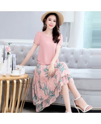 New Summer Women Office Two Piece Sets Casual Short Sleeve T Shirt and Floral Chiffon Midi Skirt Female Skirts Suit 4XL E66 $...