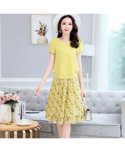 New Summer Women Office Two Piece Sets Casual Short Sleeve T Shirt and Floral Chiffon Midi Skirt Female Skirts Suit 4XL E66 $...