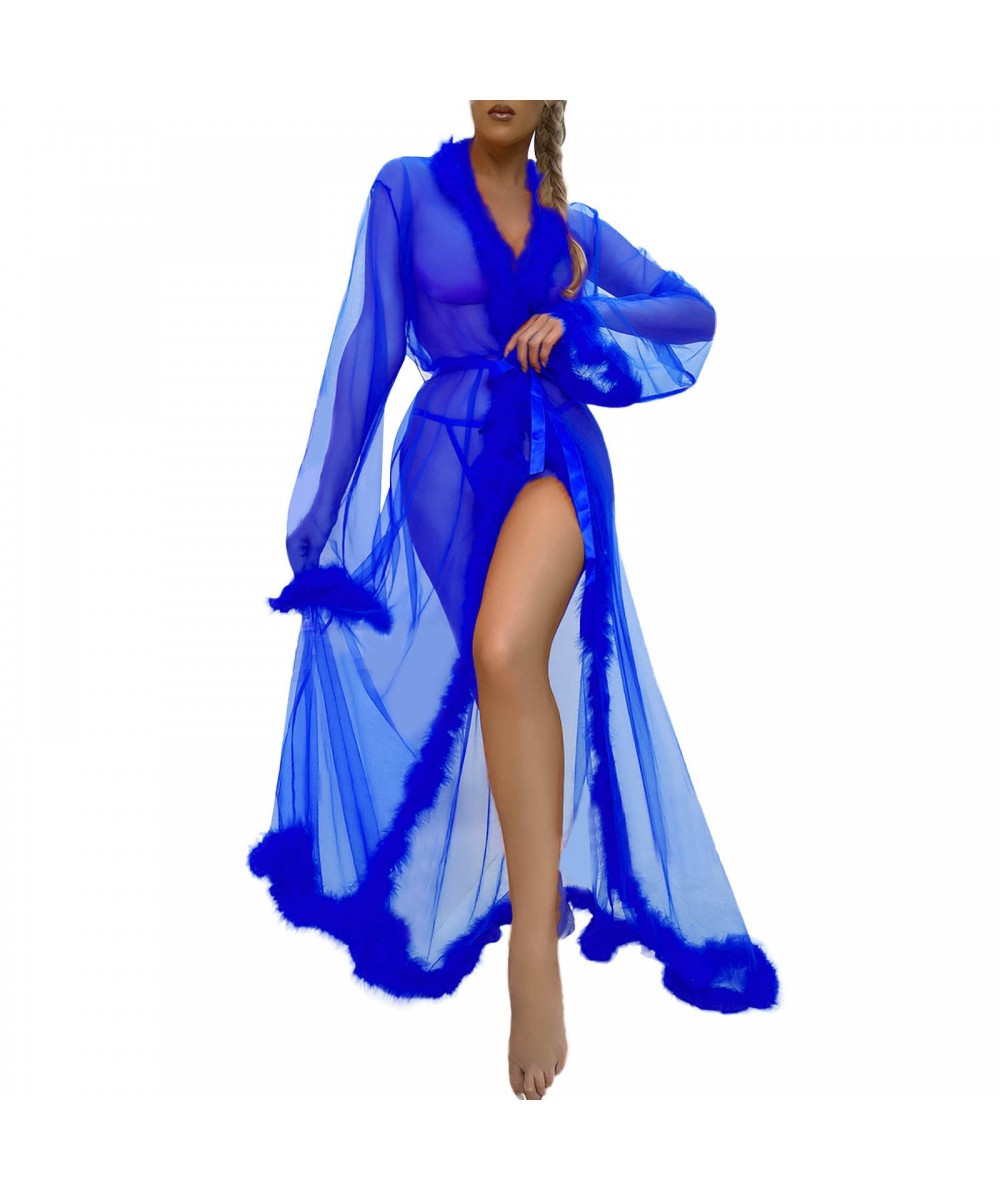 Women Long Sleeve Tulle Robe Dress Fashion Solid Sexy Perspective Pajamas Robe Sleepwear Underwear Lingerie Nightgown Bathrob...