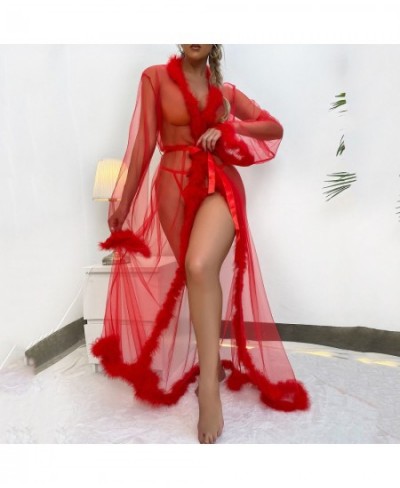 Women Long Sleeve Tulle Robe Dress Fashion Solid Sexy Perspective Pajamas Robe Sleepwear Underwear Lingerie Nightgown Bathrob...