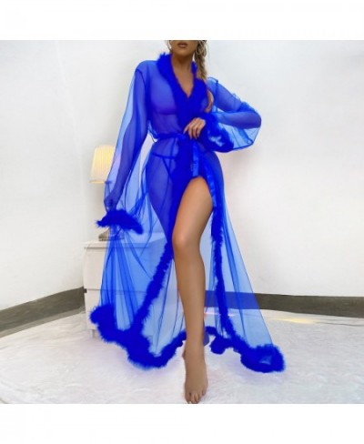 Women Long Sleeve Tulle Robe Dress Fashion Solid Sexy Perspective Pajamas Robe Sleepwear Underwear Lingerie Nightgown Bathrob...