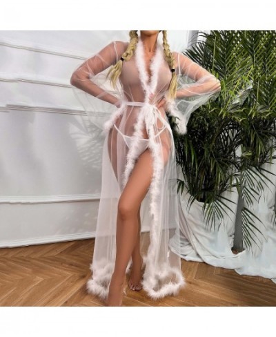 Women Long Sleeve Tulle Robe Dress Fashion Solid Sexy Perspective Pajamas Robe Sleepwear Underwear Lingerie Nightgown Bathrob...