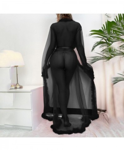 Women Long Sleeve Tulle Robe Dress Fashion Solid Sexy Perspective Pajamas Robe Sleepwear Underwear Lingerie Nightgown Bathrob...