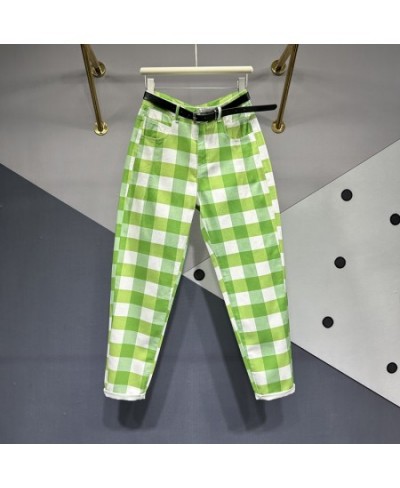 Vintage Green Jeans Women Trousers 2023 Summer New Ankle Length Pants High Waist Harem Pants Women Baggy Plaid Jeans For Wome...