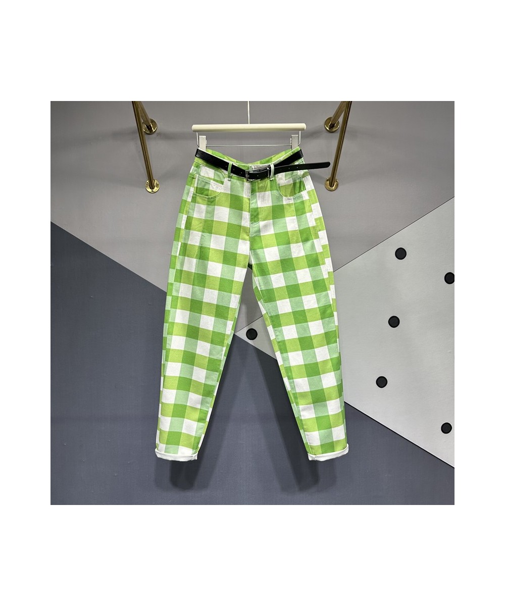 Vintage Green Jeans Women Trousers 2023 Summer New Ankle Length Pants High Waist Harem Pants Women Baggy Plaid Jeans For Wome...