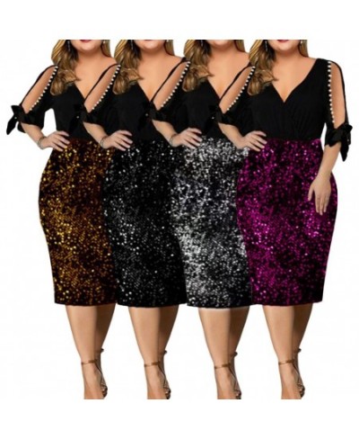 V-Neck Half Sleeve Beads Decor Bowknot Cuffs Waist Tight Plus Size Elegant Dress Sexy Cold Shoulder Sequins Hip Wrap Bodycon ...