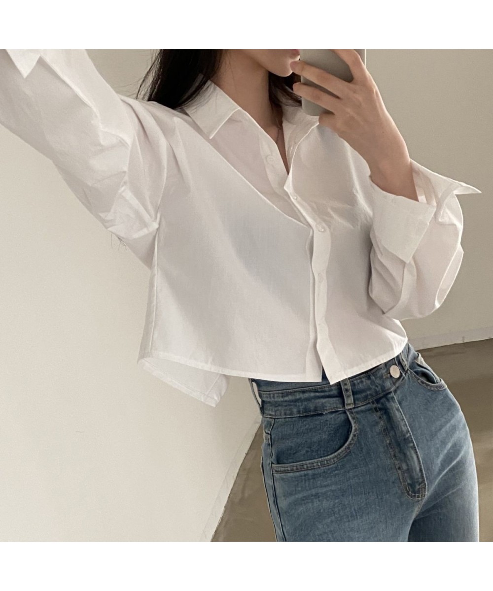 Casual Shirts Back Slit Long Sleeve Preppy Korean Style Crop Tops Cute Y2k Clothes Turn Down Collar Office Lady Blouse Long $...