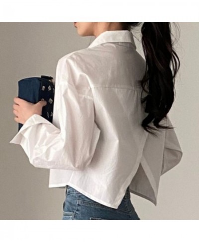 Casual Shirts Back Slit Long Sleeve Preppy Korean Style Crop Tops Cute Y2k Clothes Turn Down Collar Office Lady Blouse Long $...