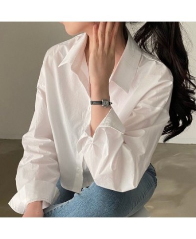 Casual Shirts Back Slit Long Sleeve Preppy Korean Style Crop Tops Cute Y2k Clothes Turn Down Collar Office Lady Blouse Long $...