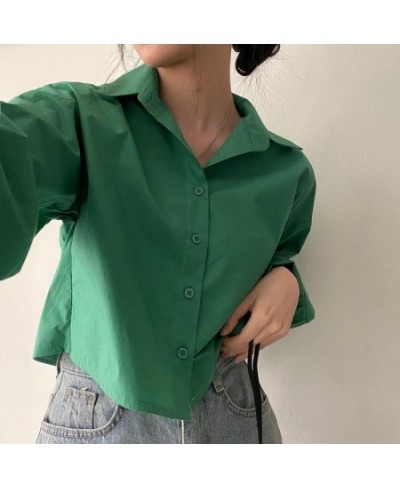 Casual Shirts Back Slit Long Sleeve Preppy Korean Style Crop Tops Cute Y2k Clothes Turn Down Collar Office Lady Blouse Long $...