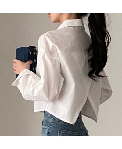 Casual Shirts Back Slit Long Sleeve Preppy Korean Style Crop Tops Cute Y2k Clothes Turn Down Collar Office Lady Blouse Long $...