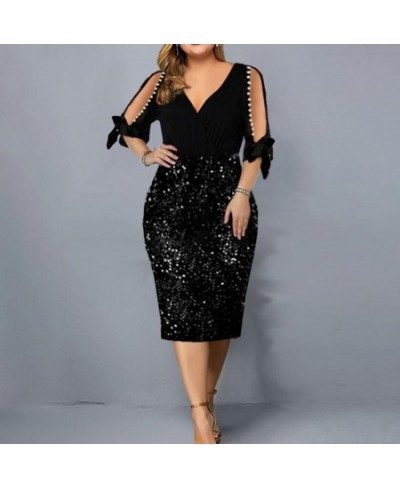 V-Neck Half Sleeve Beads Decor Bowknot Cuffs Waist Tight Plus Size Elegant Dress Sexy Cold Shoulder Sequins Hip Wrap Bodycon ...