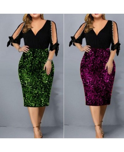 V-Neck Half Sleeve Beads Decor Bowknot Cuffs Waist Tight Plus Size Elegant Dress Sexy Cold Shoulder Sequins Hip Wrap Bodycon ...