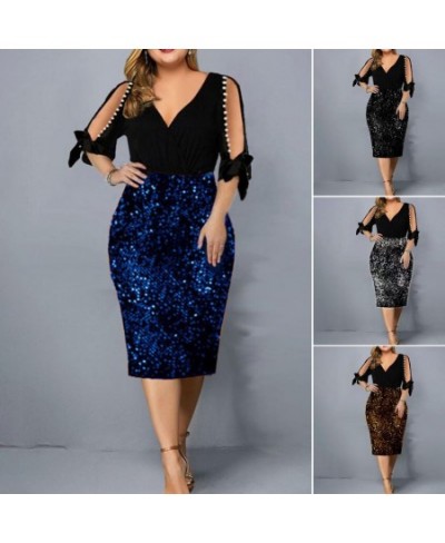 V-Neck Half Sleeve Beads Decor Bowknot Cuffs Waist Tight Plus Size Elegant Dress Sexy Cold Shoulder Sequins Hip Wrap Bodycon ...