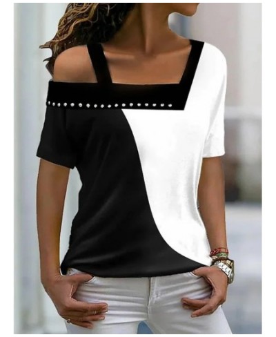 Spring Summer New Off Shoulder Square Collar Diamonds Contrast Color Short Sleeve T-shirt Fashion Pullover Basic Women's Top ...