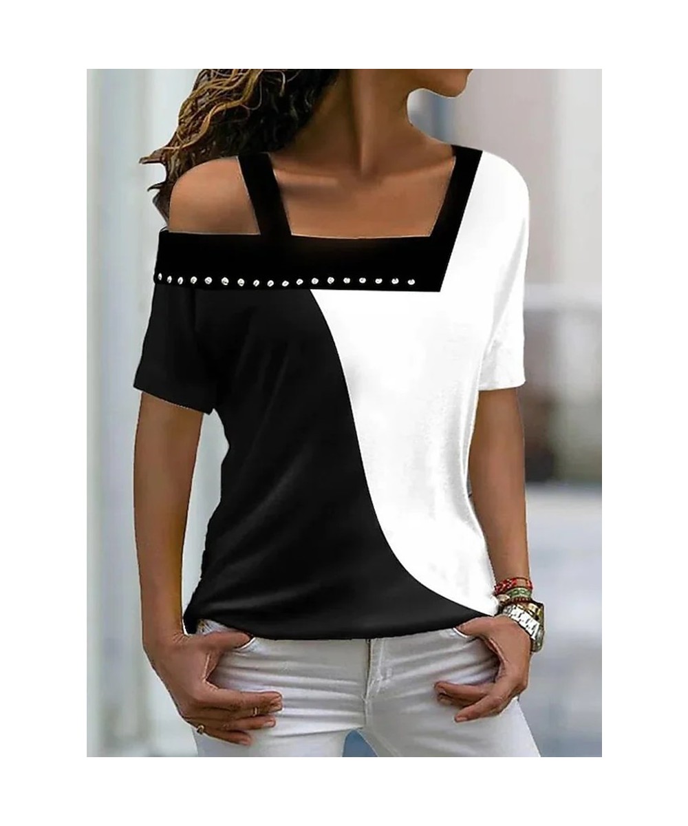 Spring Summer New Off Shoulder Square Collar Diamonds Contrast Color Short Sleeve T-shirt Fashion Pullover Basic Women's Top ...