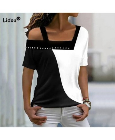 Spring Summer New Off Shoulder Square Collar Diamonds Contrast Color Short Sleeve T-shirt Fashion Pullover Basic Women's Top ...