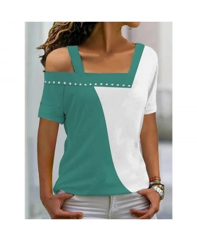 Spring Summer New Off Shoulder Square Collar Diamonds Contrast Color Short Sleeve T-shirt Fashion Pullover Basic Women's Top ...