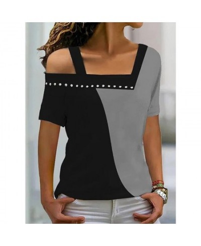 Spring Summer New Off Shoulder Square Collar Diamonds Contrast Color Short Sleeve T-shirt Fashion Pullover Basic Women's Top ...