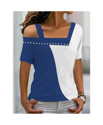 Spring Summer New Off Shoulder Square Collar Diamonds Contrast Color Short Sleeve T-shirt Fashion Pullover Basic Women's Top ...