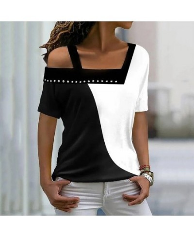 Spring Summer New Off Shoulder Square Collar Diamonds Contrast Color Short Sleeve T-shirt Fashion Pullover Basic Women's Top ...