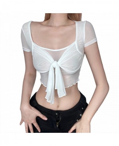 Women's Two Piece Mesh See Through Square Neck Bra Tie Tight Short Top $29.79 - Underwear