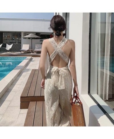 2023 Spring Autumn Solid Deep V-Neck Sexy Lace Jumpsuit Women Bodycon Bandage Backless Beach Rompers Sleeveless Jumpsuit Y625...