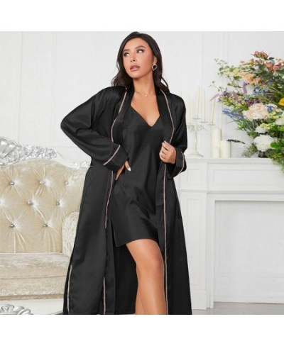 Solid Twinset Robe Suit Womens Satin Chemise Nightgown Kimono Bathrobe Gown Set 2023 Spring Sexy Loungewear V-Neck Sleepwear ...