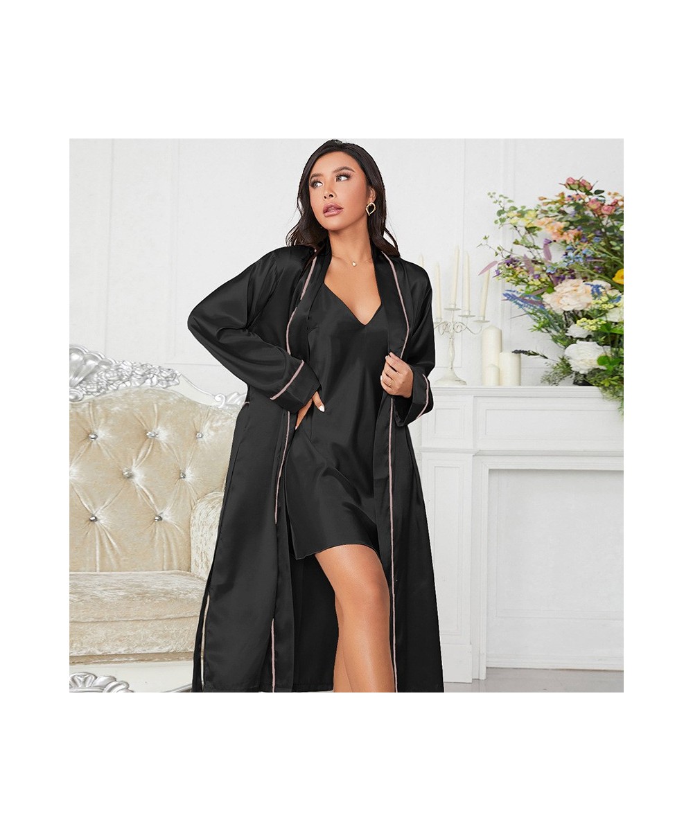 Solid Twinset Robe Suit Womens Satin Chemise Nightgown Kimono Bathrobe Gown Set 2023 Spring Sexy Loungewear V-Neck Sleepwear ...