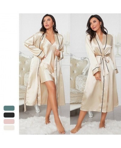 Solid Twinset Robe Suit Womens Satin Chemise Nightgown Kimono Bathrobe Gown Set 2023 Spring Sexy Loungewear V-Neck Sleepwear ...