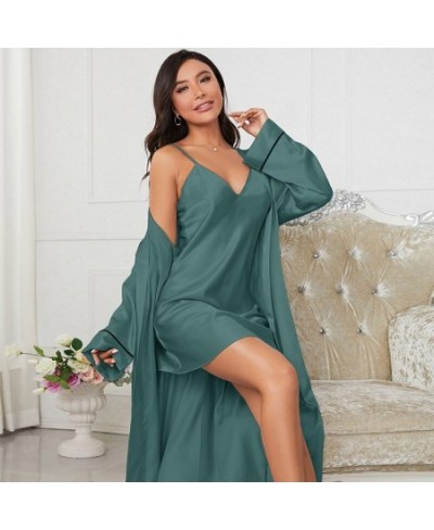 Solid Twinset Robe Suit Womens Satin Chemise Nightgown Kimono Bathrobe Gown Set 2023 Spring Sexy Loungewear V-Neck Sleepwear ...