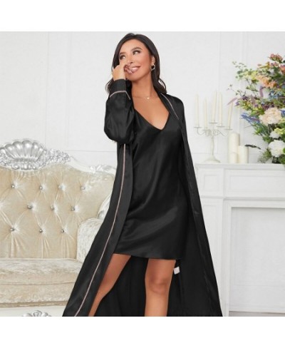 Solid Twinset Robe Suit Womens Satin Chemise Nightgown Kimono Bathrobe Gown Set 2023 Spring Sexy Loungewear V-Neck Sleepwear ...