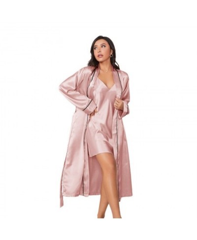 Solid Twinset Robe Suit Womens Satin Chemise Nightgown Kimono Bathrobe Gown Set 2023 Spring Sexy Loungewear V-Neck Sleepwear ...