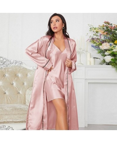 Solid Twinset Robe Suit Womens Satin Chemise Nightgown Kimono Bathrobe Gown Set 2023 Spring Sexy Loungewear V-Neck Sleepwear ...