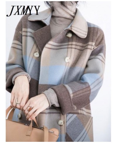 Plaid Woolen Coat Women's Mid-Length 2022 Winter New Over-The-Knee Double-Breasted Large Pocket Loose Temperament Coat $71.72...