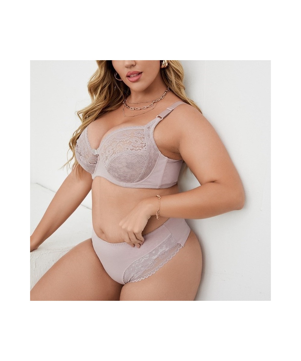 Solid Color Floral Lace Full Cup Minimizer Bra Set Plus Size 38-48 D Cup Underwear Set Sexy Lingerie Women Thong Set $26.02 -...