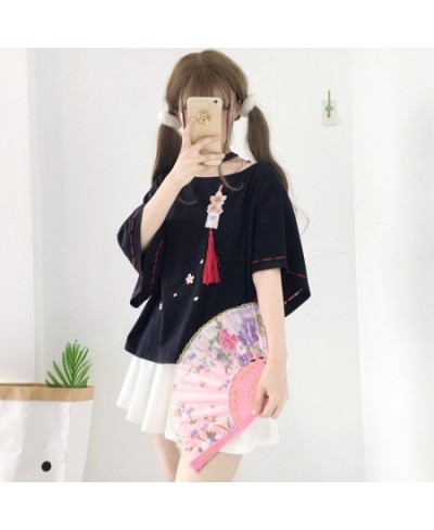 Japanese Mori Women T-shirt Half Sleeves Sakura Tassel Embroidery Sweet Short T-shirt Harajuku Hollow Single Shoulder Tee Top...