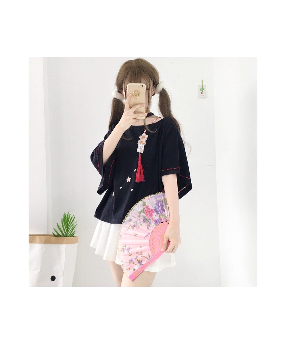 Japanese Mori Women T-shirt Half Sleeves Sakura Tassel Embroidery Sweet Short T-shirt Harajuku Hollow Single Shoulder Tee Top...