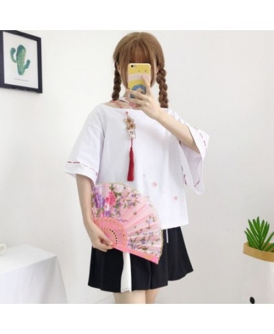 Japanese Mori Women T-shirt Half Sleeves Sakura Tassel Embroidery Sweet Short T-shirt Harajuku Hollow Single Shoulder Tee Top...