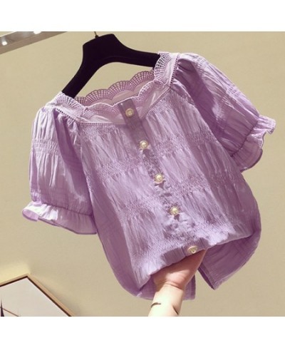 Chic Chiffon Blouse Women 2023 Summer Purple Tops Vintage Puff Sleeve French Style Causal White Shirt Women Blusas $25.18 - W...