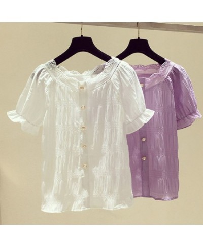 Chic Chiffon Blouse Women 2023 Summer Purple Tops Vintage Puff Sleeve French Style Causal White Shirt Women Blusas $25.18 - W...